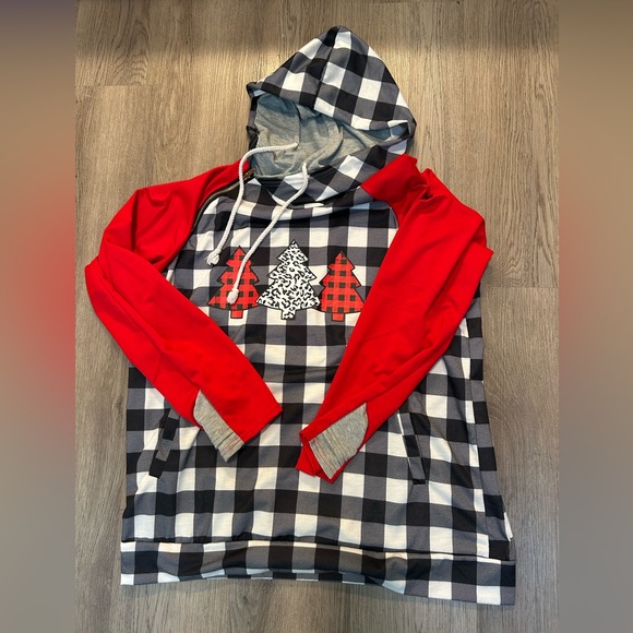 Christmas Tree Plaid Pattern Asymmetrical Side Zip Hoodie - Picture 2 of 8